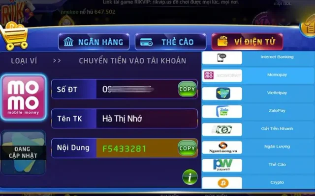 Hướng Dẫn Nạp Tiền RikVip